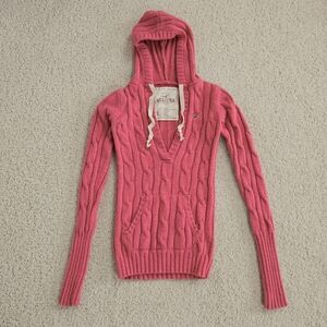 Hollister Y2K Sweater Hoodie Womens Small Cable Knit Pink Deep V Neck Elena